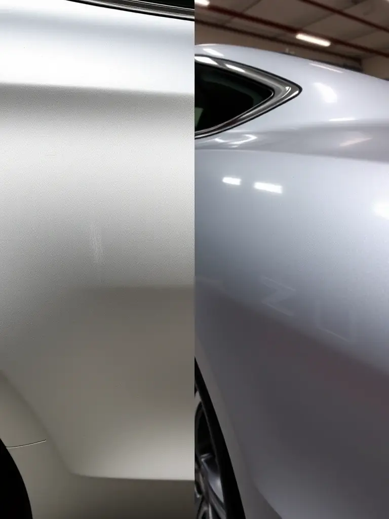 A before-and-after shot of a car's paint being corrected, showing the removal of swirl marks and scratches. The after shot should reveal a smooth, flawless surface.