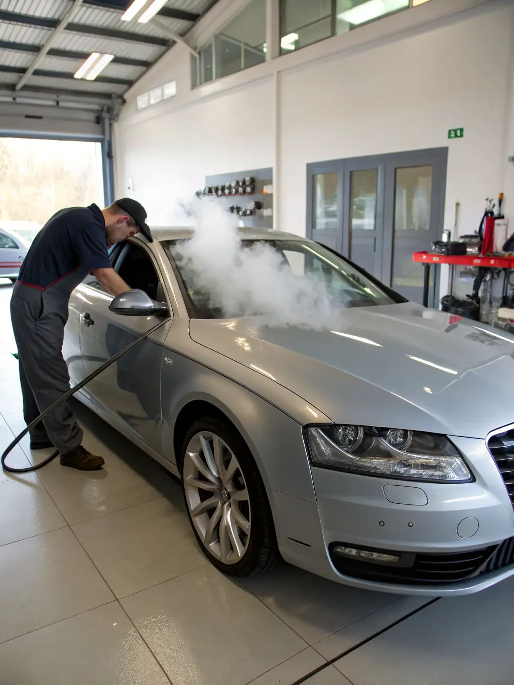 A professional cleaning technician vacuuming a car interior with spotless seats and dashboard, highlighting the thoroughness of interior cleaning.