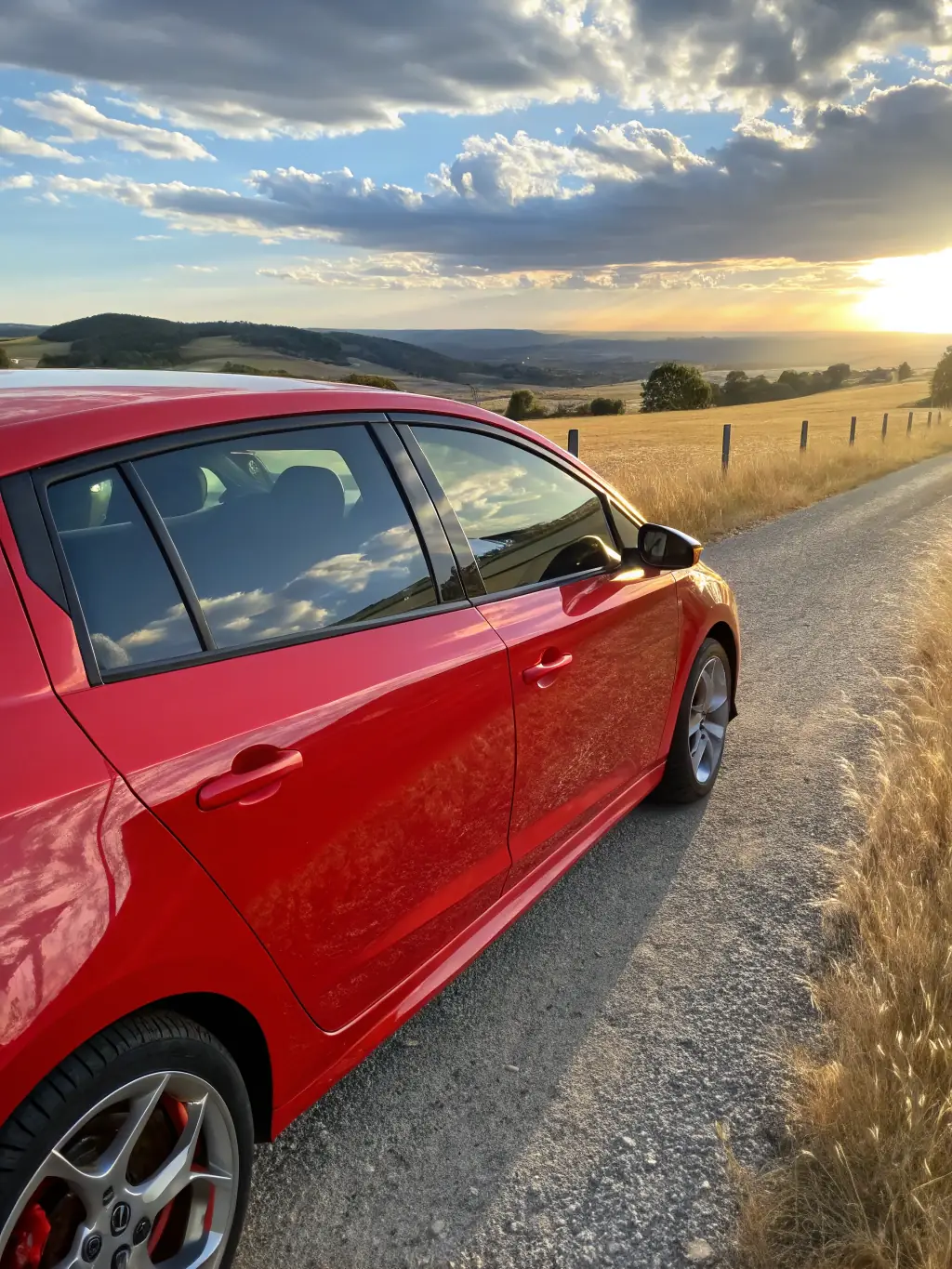 A shiny, freshly detailed car parked outdoors with a clean, reflective surface, showcasing the results of exterior detailing.