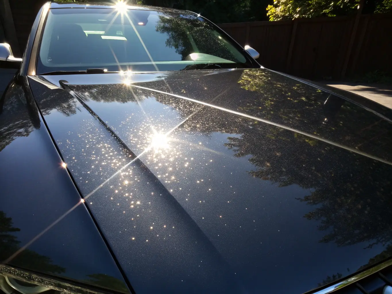 Close-up of a car's hood with a glossy ceramic coating reflecting the sky, demonstrating the protective and aesthetic benefits of ceramic coating.