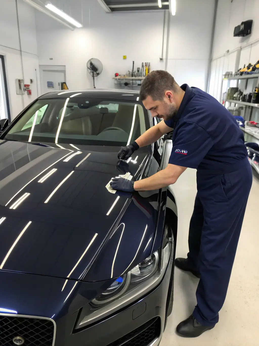 A technician polishing a car with a buffer, revealing a mirror-like surface, illustrating the transformative effects of paint correction.