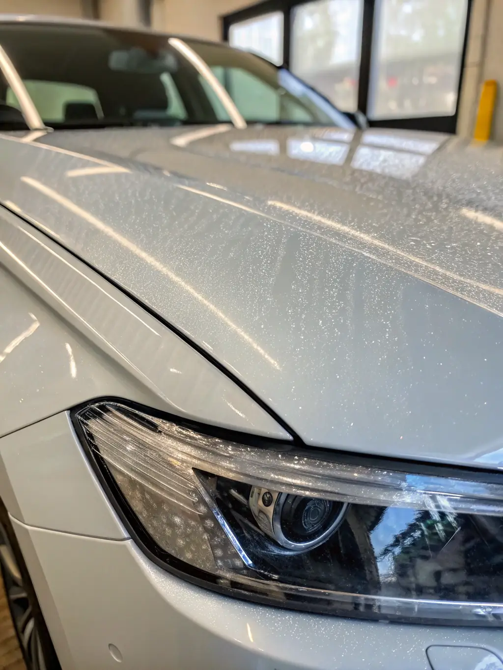 Close-up of a car's hood with a glossy ceramic coating reflecting the sky, demonstrating the protective and aesthetic benefits of ceramic coating.