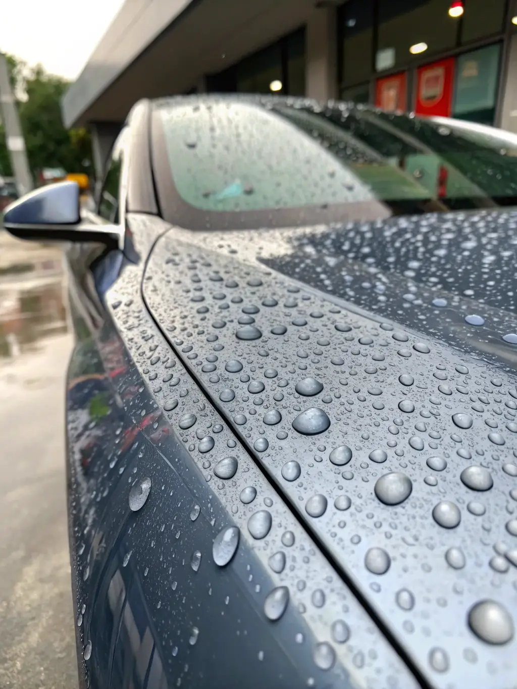 A close-up shot of water beading on a freshly detailed car exterior, showcasing the hydrophobic effect of a high-quality wax or sealant applied during exterior detailing.