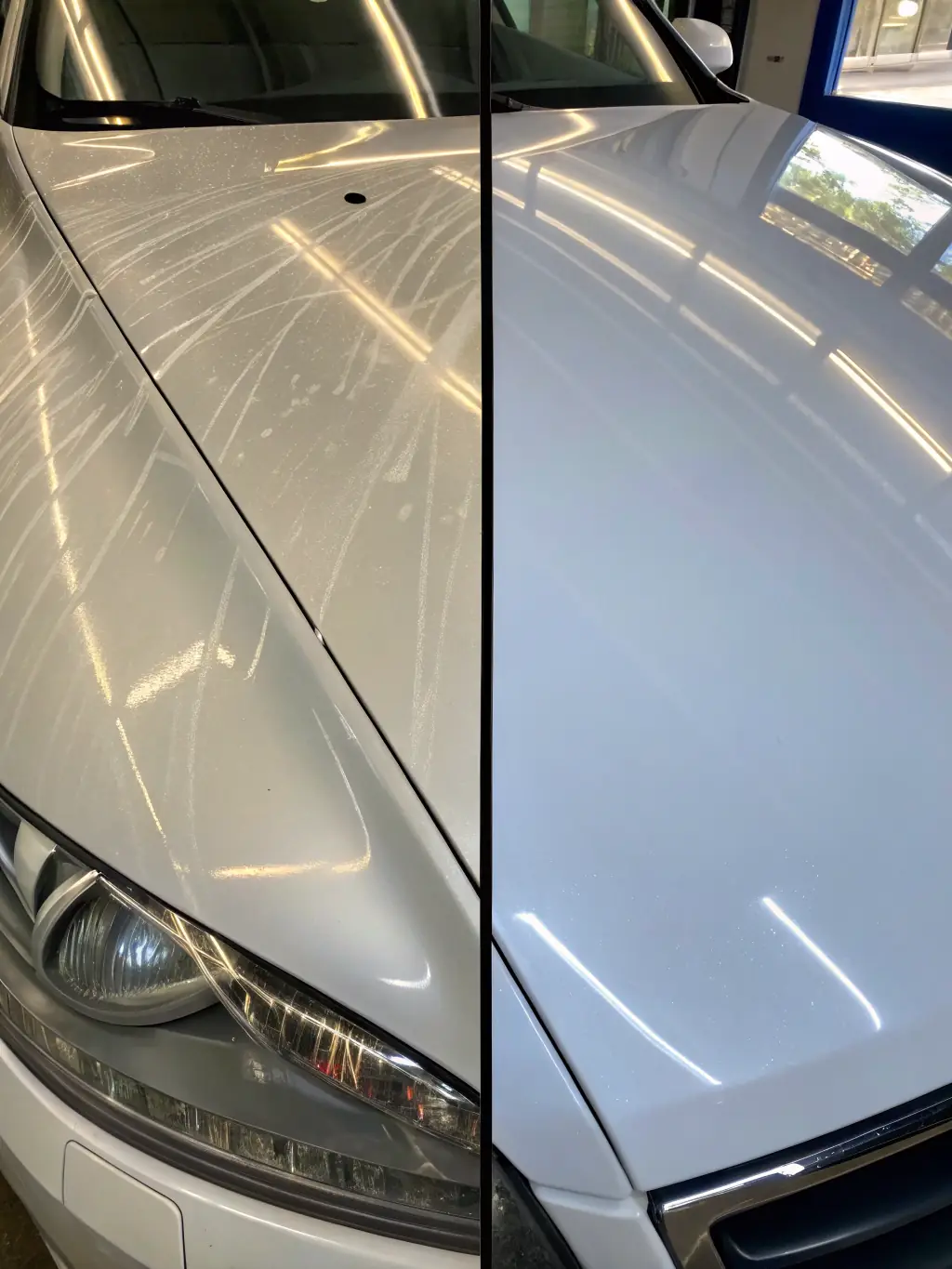 A before-and-after shot of a car panel undergoing paint correction, showing the removal of swirl marks and scratches to reveal a flawless finish.