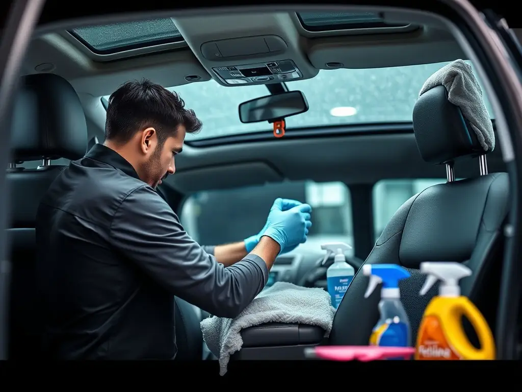 An image of a car's interior being thoroughly cleaned, with attention to detail on the seats, dashboard, and carpets. The image should convey cleanliness and freshness.