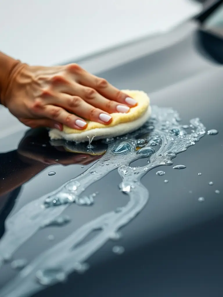 A close-up shot of a car's exterior being meticulously detailed, showcasing the reflection and shine achieved through professional detailing. The focus is on the quality of the paint and the precision of the work.