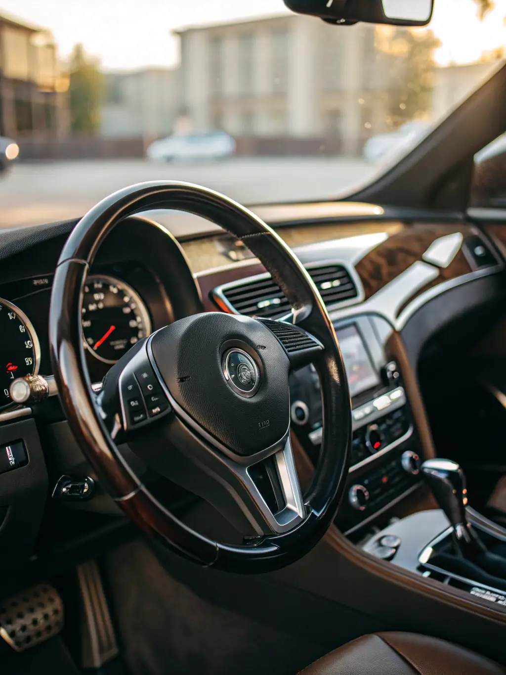 An image of a car interior being meticulously cleaned, with a focus on detailing brushes and cleaning solutions being used on the dashboard and console.